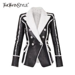 Patchwork Cotton PU Lrather Blazer For Women Notched Long Sleeve Casual Blazers Female Fashion Clothign Style 210524