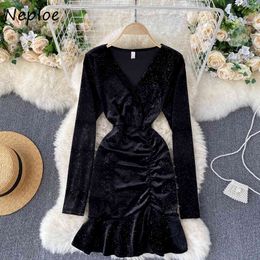 Neploe V Neck Long Sleeve Bodycon Dress Women High Waist Hip Pleated Design Skinny Vestidos Bling Black Party Dresses Female 210422