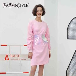 Loose Spring Pink Dress For Women O Neck Long Sleeve Casual Solid Dresses Female Fashion Clothing 210520