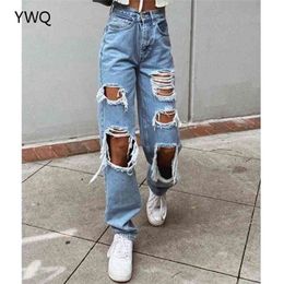 High Waist Jeans Straight Leg Design Ripped Detailing On The Front Causal Vintage Denim Pants Zip Fly Metal Top Button Fastenins 210809