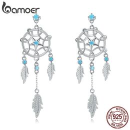 bamoer Bohemia Dream Catcher Hanging Dangle Earrings for Women Summer Feather Drop Earings 925 Sterling Silver Jewelry BSE222 210317