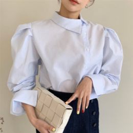 Korobov Korea Chic Elegant Fashion Women Blouses Vintage Streetwear Turn-Down Collar Single Breasted Blusas Mujer Striped Top 210430
