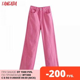 Tangada Fashion Women Summer Pink Denim Jeans Pants Trousers High Waist Lady Wide Leg Pants Pantalon 4M137 210609