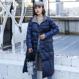 Winter Women Double Breasted Warm Snow Outwear Stand Collar White Duck Down Coat Lapel Sided Long Jacket 210430