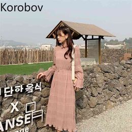 Korobov Korean Elegant Ruffles Patchwork Chiffon Dress High Waist Hip Pleat Design Solid A Line Vestido Summer Holiday Ropa 210430