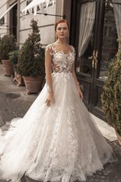 A-line Wedding Dress Sexy Illusion Long Sleeves Boho Appliqued Lace Bridal Gowns Sweep Train Modern Design Custom Made Beach Robe De Mariée