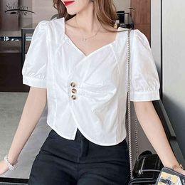 Summer French Design Square Collar Short Sleeve Chiffon Shirt White Blouse Tops and Chemisier Femme 10030 210427