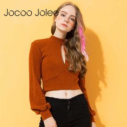 Jocoo Jolee Hpllow Out Turtleneck Knitted Sweater Women Sexy Backless Bow Tie Crop Top Autumn Casual Pullover Women Jumper 210619