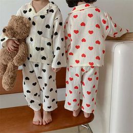 MILANCEL Autumn Kids Pajama Set Heart Print Girls Sleep Cotton Boys Sleepwear Indoor Suit 211109