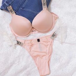 2 Piece Bikinis Set Sexy Letter Bras Underwear Women Sets Pink Brand Push Up Plus Size Bra Comfort Panty Lingerie Set 211104