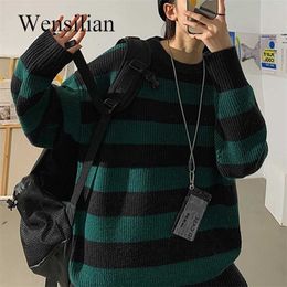 Autumn Knitted Striped Sweater Women Pullovers Casual Green Oversized Jumper Teen Gril Streetwear Fall 211007