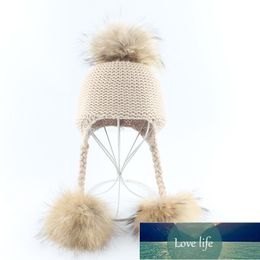 BABY Real Fur Pompom Knitted Beanies Winter Warm Hats For Fids Natural Fur Ball Caps Children Ear Cap Factory price expert design Quality Latest Style Original Status