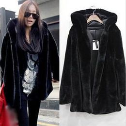 Winter Women Warm Faux Fur Coat Jacket Black Fluffy Hooded Outerwear Casual Long Sleeve Luxury Female Plush Coats 211220