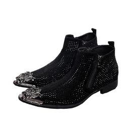 Men's Black Ankle Boot Designer Luxury Fashion Rhinestone Metal Pointed Toe High Suede Leather Shoes Zip Black/Red Boot