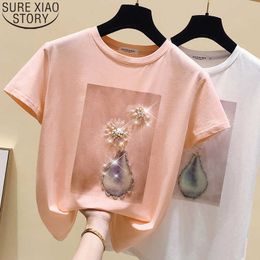 Cotton Women T Shirt Summer Sweet Short Sleeve Tops Casual Loose Beaded Print T-shirt O-neck Pink Clothes Shirts 9639 210527