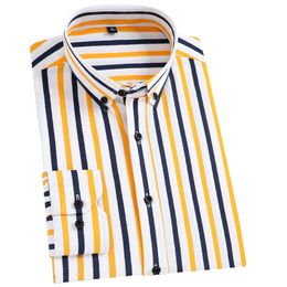 Mens Shirts Design Yellow White Striped Brand Social Shirt Button up Formal Casual Elasticity Pocket-less Work Office Blouse 210609