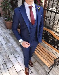 High Quality One Button Blue Groom Tuxedos Notch Lapel Wedding/Prom/Dinner Groomsmen Men Suits Blazer (Jacket+Pants+Vest+Tie) W1359