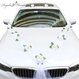 DIY Artificial Flower White Wedding Car Bridal Car Decoration Door Handle Ribbons Silk Corner Flower Galand With Tulle Gifts Set 210317