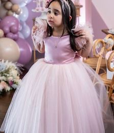 2021 Simple Pink Flower Girl Dresses Ball Gown Feather Tulle Lilttle Kids Birthday Pageant Weddding Gowns
