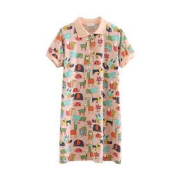 PERHAPS U White Pink Green Cartoon Print Polo Shirt Dress Turn Down Collar Short Sleeve Mini Dress Casual Straight Summer D1006 210529