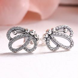925 Sterling Silver Sparking Butterfly Stud Earrings Fits European Pandora Style Jewelry Fashion Earrings