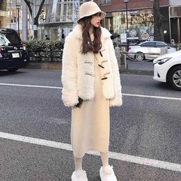Faux fur coat thick plush jacket women tops lapel horn buckle Korean version autumn winter female lamb plus size ladies 210526