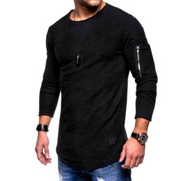 Hot 2021 Solid Colour Long Sleeve Arm Zipper Long Sleeve T-Shirt Men Spring Casual Pullovers Fashion Slim Basic Tops Streetwear G1222