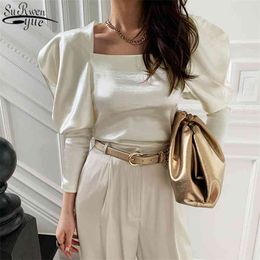 Korean Elegant Square Collar Slim Wild Bubble Long Sleeve Glossy Velvet Bottom Shirt Women White Silky Top Female 12908 210427