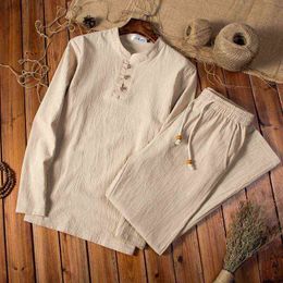 2021 Spring Autumn New Chinese Style Cotton Linen Autumn Men's Long-sleeved Trousers Suit Men's Suit Plus Size Mens Clothes G1217