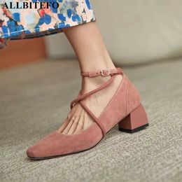 ALLBITEFO ankle buckle strap genuine leather women heels shoes fashion sexy office work shoes high heel shoes women high heels 210611