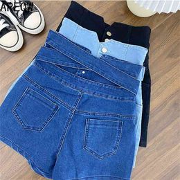 3223 Super High Waist Denim Shorts Women's Spring and Summer Style Thin A-line Pants Cross Waist Thin Pants Ins 210507