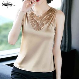 Summer Simple Korean Slim Fit Lace Tops and Blouse Women Sleeveless V-Neck Ice Silk Vest Chemisier Femme 9915 210427