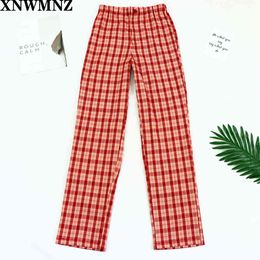 Red Chequered pants woman high waist wide leg ins plaid summer women's vertical casual long 210510