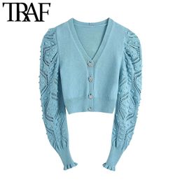 Women Fashion Gem Buttons Cropped Knitted Cardigan Sweater Vintage Long Sleeve Pompoms Female Outerwear Chic Tops 210507