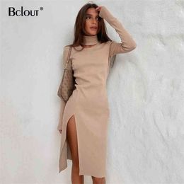 Bclout Khaki Solid Bodycon Dress Women Sexy High Split Knit Dresses Spring Autumn Turtleneck Fashion Long Sleeve Vestidos 210325