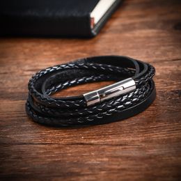 Charm Bracelet Men Leather Braided Multilayer Layers Rope Stainless Steel Magnetic Clasp Bangle Punk with a velvet bag