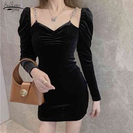 Fake Two-piece Bottoming Slim Elegant Party Dress Sexy Off Shoulder Metal Chain Sling Velvet Black Women Vestidos 12932 210521