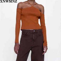women Vintage cut-out knit top Off-the-shoulder tops with straps and long sleeves Female Chic Fashion Sweaters 210520