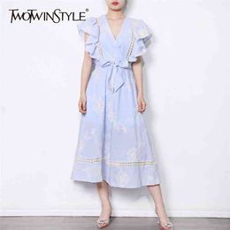 Ruffle Patchwork Embroidery Dress For Women V Neck Short Sleeve High Waist Temperament Dresses Female Fashion 210520