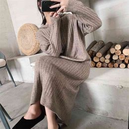 Winter Korean Hooded Over-the-knee Knit Dress Loose Woollen Skirt Base Long Sweater 210520