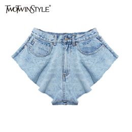 TWOTWINSTYLE Casual Denim Shorts Skirts High Waist Ruffle Hem Loose Ruched Short Pants Female Fashion Clothing Spring