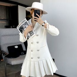Spring Female Slim Casual Notched Collar Solid Color Long Sleeve Beading Pleated Hem A-Line Blazer Dress 8Y996 210510
