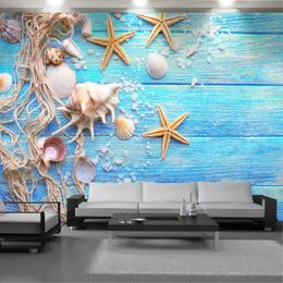 3d Seascape Mural Wallpaper Wall Papers Blue Wooden Board Starfish Shell Interior Home Decor Living Room Bedroom Painting Wallpapers