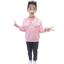 Kids Clothes Girls Lace Sweatshirt + Jeans Teenage Clothing Letter Pattern Patchwork Kid 210527