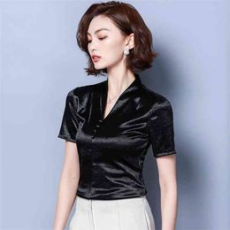 The Women's 100% Pure Silk Satin Fabric Top Shirt Blouse V Neck short sleeve solid colors 210507
