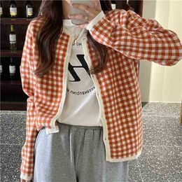 Sweet Sweater Warm Spring Elegant Plaid Retro Soft High Street Knitted Cardigans Casual Coat Top 210525