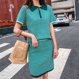 Comelsexy Women Summer Short Sleeve Plaid Knitted Sweaters+skirts 2 Pieces Casual Clothing Sets Suit 210515