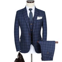 Brand Quality Suit Men Slim Fit Plaid Suits For Work Blue Burgundy Tuxedo Jacket Mens 3 Piece Grey Wedding Dress Men's & Blazers