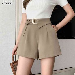 Spring Summer Women High Waist Asymmetrical Belt Wide Leg Black Shorts Casual Female Loose Streetwear Lady 210430