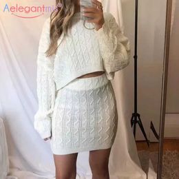 Aelegantmis Twist Knitted Sweater Two Pieces Set Women Casual Pullover Mini Short Skirt 2 Suit Vintage Chic 210607